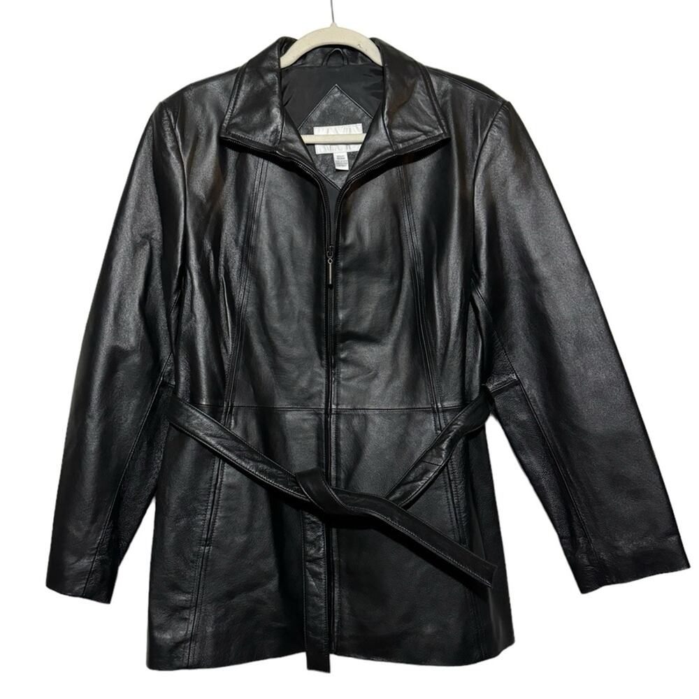 Worthington Black Genuine Leather Full Zip Belted Jacket Coat Womens Size Medium